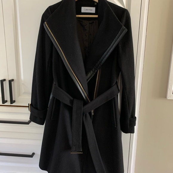 Calvin Klein black wool belted winter coat - Picture 2 of 9